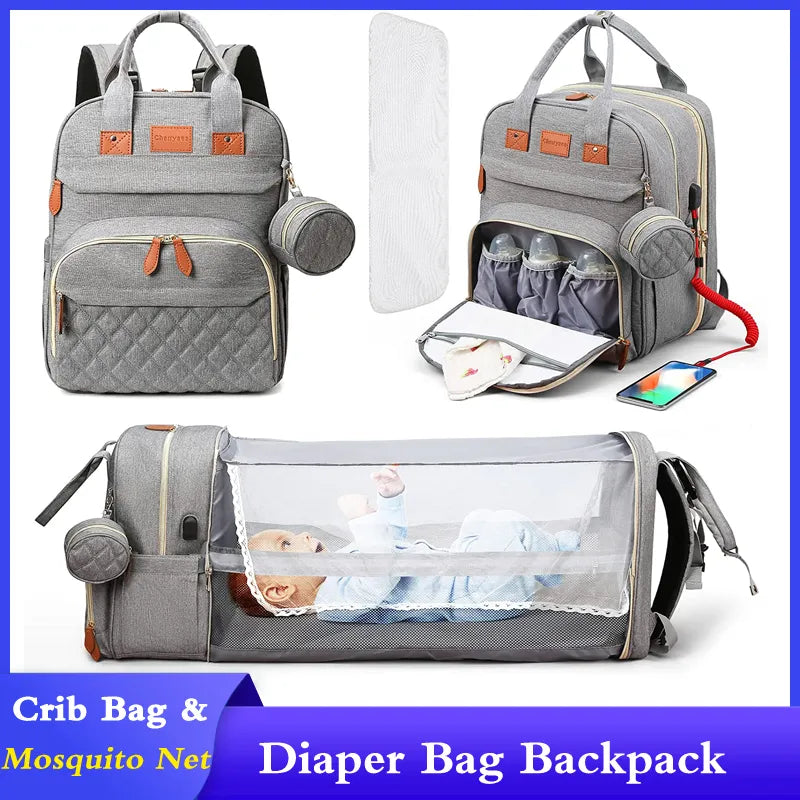 3-in-1 Waterproof Nappy Bag Backpack with Foldable Baby Bed and USB Charging, Blue 3-in-1 Waterproof Nappy Bag Backpack with Foldable Baby Bed and USB Charging, Blue