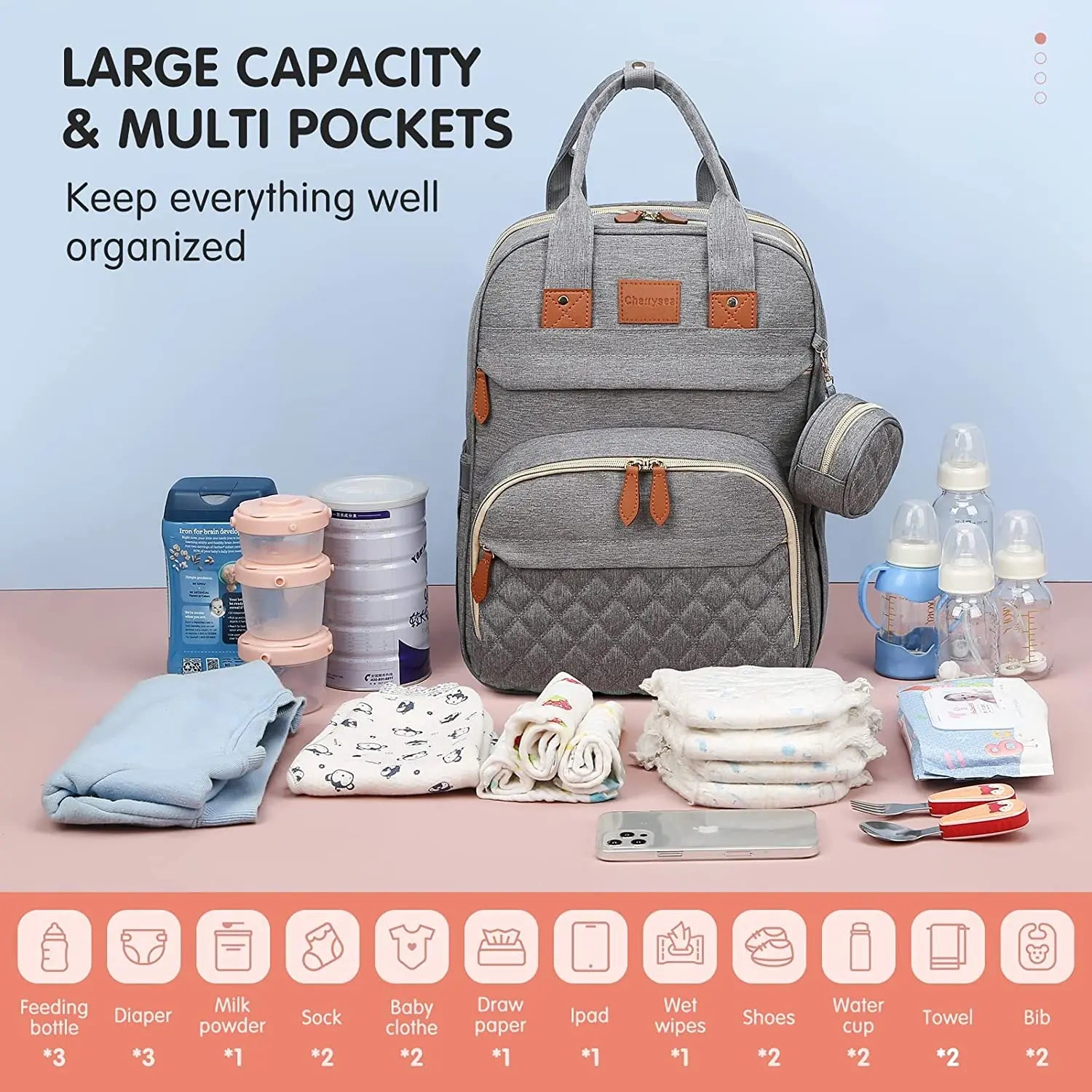 baby diaper bag backpack multi-function waterproof travel 3-in-1 Waterproof Nappy Bag Backpack with Foldable Baby Bed and USB Charging, Blue